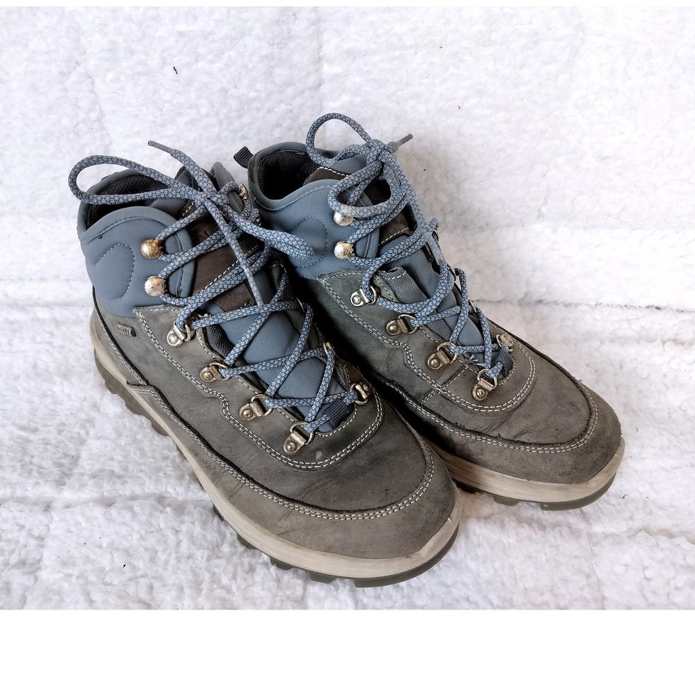 Oritex Leather Waterproof Hiking Boots Grey Blue Lug Sole Trekking Shoes